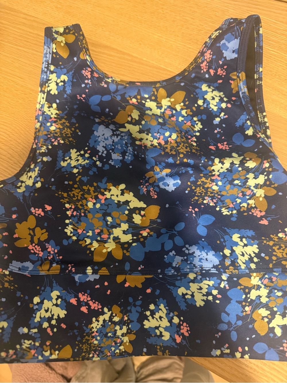 Anthropologie Navy Floral workout Top with Mustard, Blue & Pink Accents
